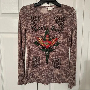 Layered With Love Brown Embellished Y2K Grunge Rock Roll Heart LS Tee Size Large